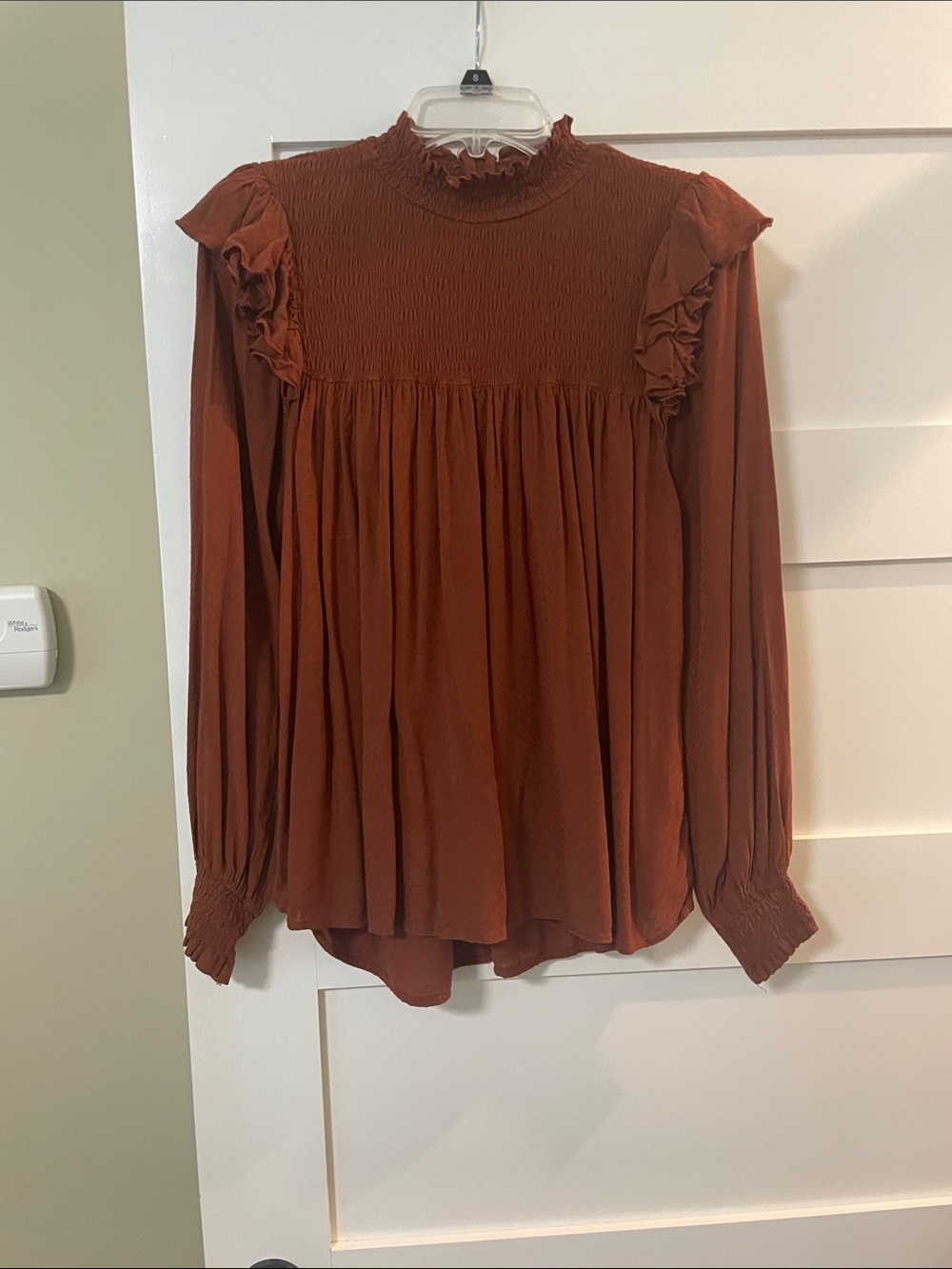 Knox Rose Rust Smocked Yoke Ruffle-Trim Long Sleeve Blouse
